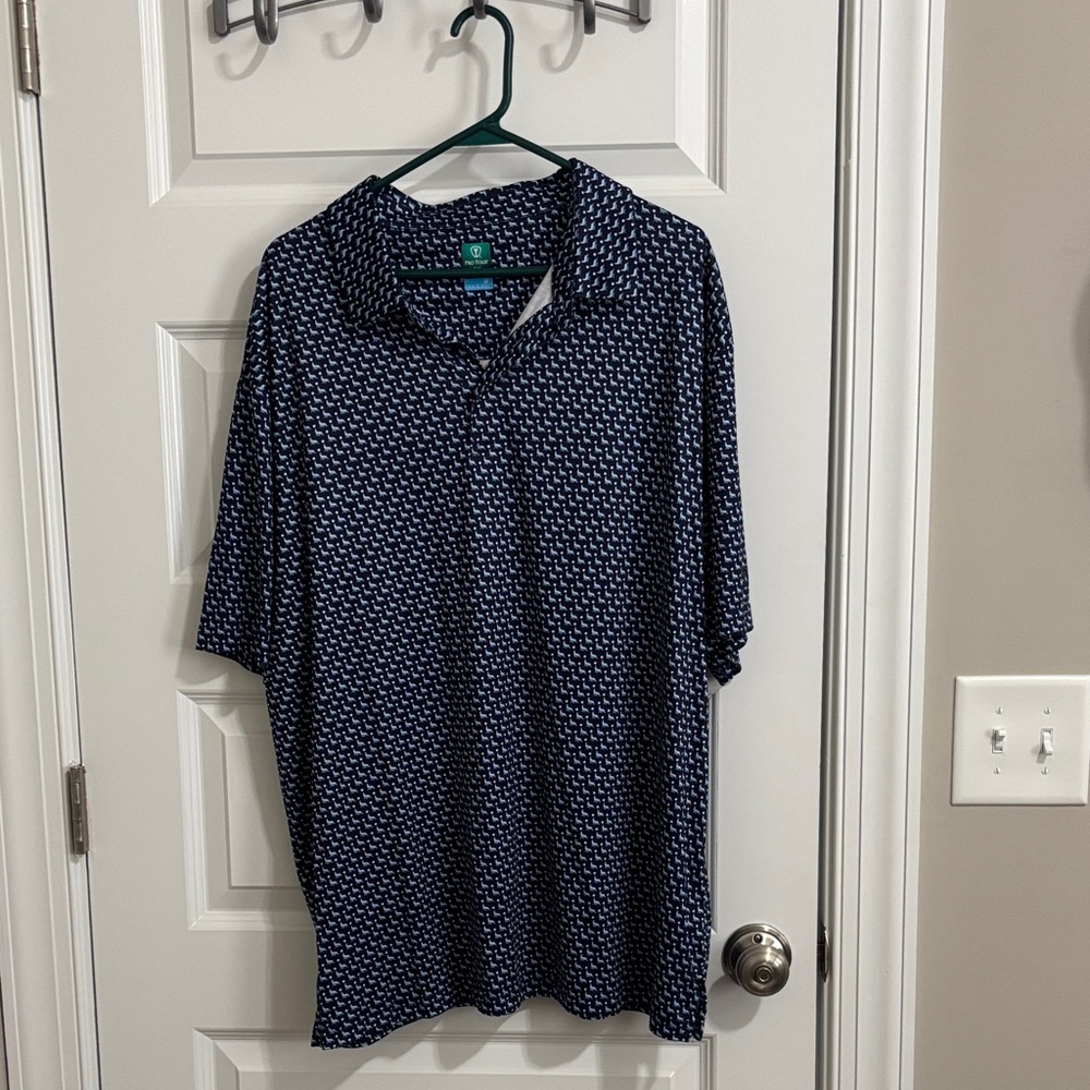 Men's Blue seal patterned golf shirt. 
ProTour, Coolplay, Sunplay, Motionplay